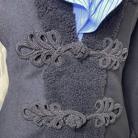 Ralph Lauren Black Wool Flannel Lamb Fur Trimmed Passementerie Military Jacket - Picture 16 of 17